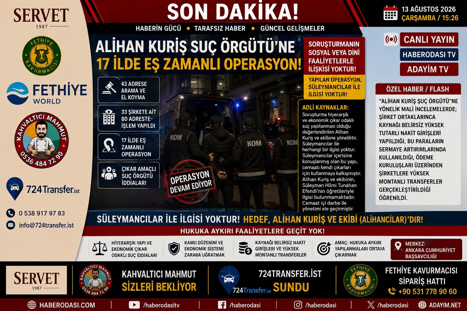 🔴 SON DAKİKA / FLAŞ | “ALİHAN KURİŞ SUÇ ÖRGÜTÜ” SORUŞTURMASI: MUĞLA ANTALYA ve 17 İLDE EŞ ZAMANLI OPERASYON